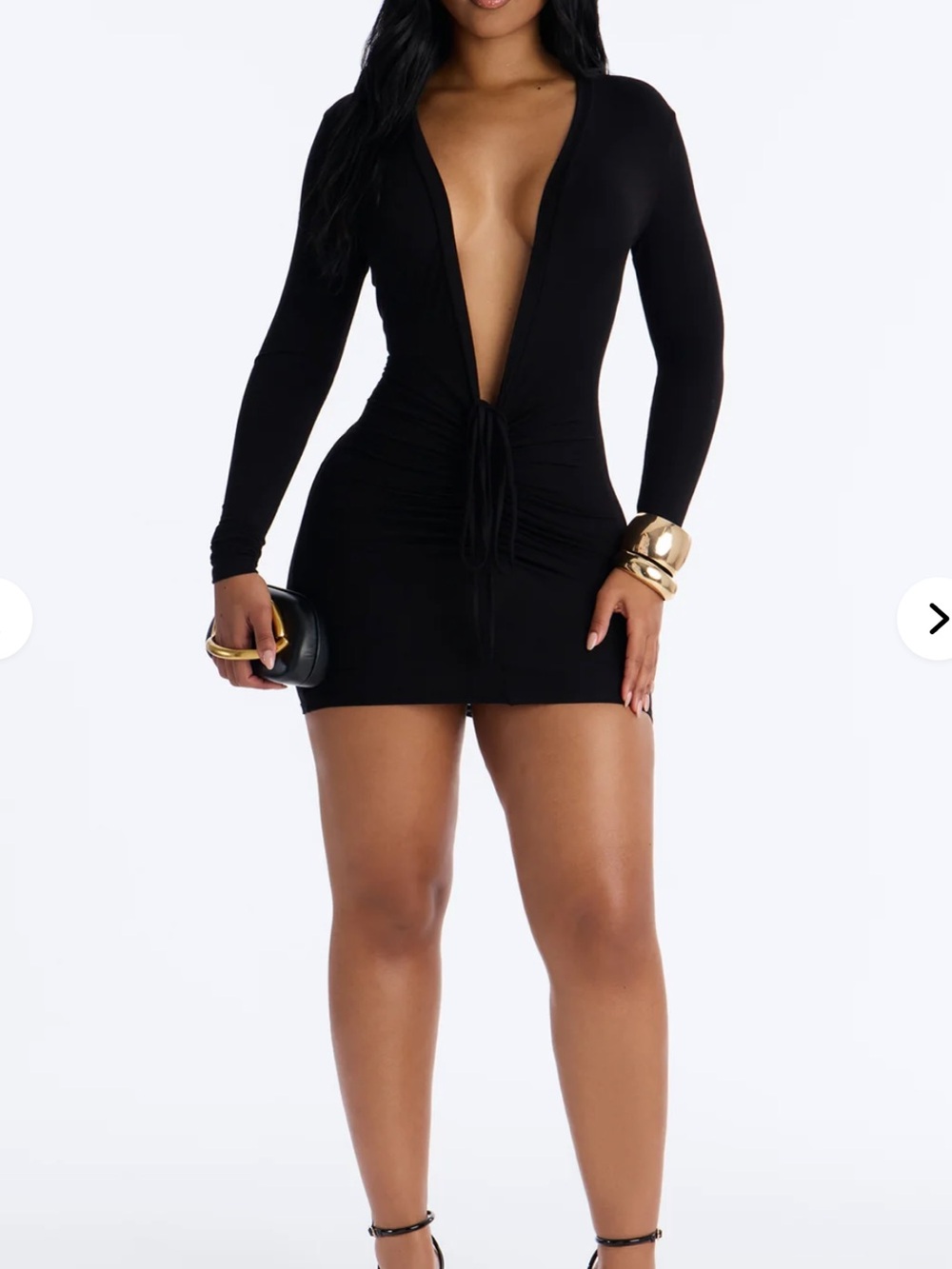 NWT Fashion Nova Plunging V-Neck Long Sleeve Black Mini Dress - Picture 2 of 5